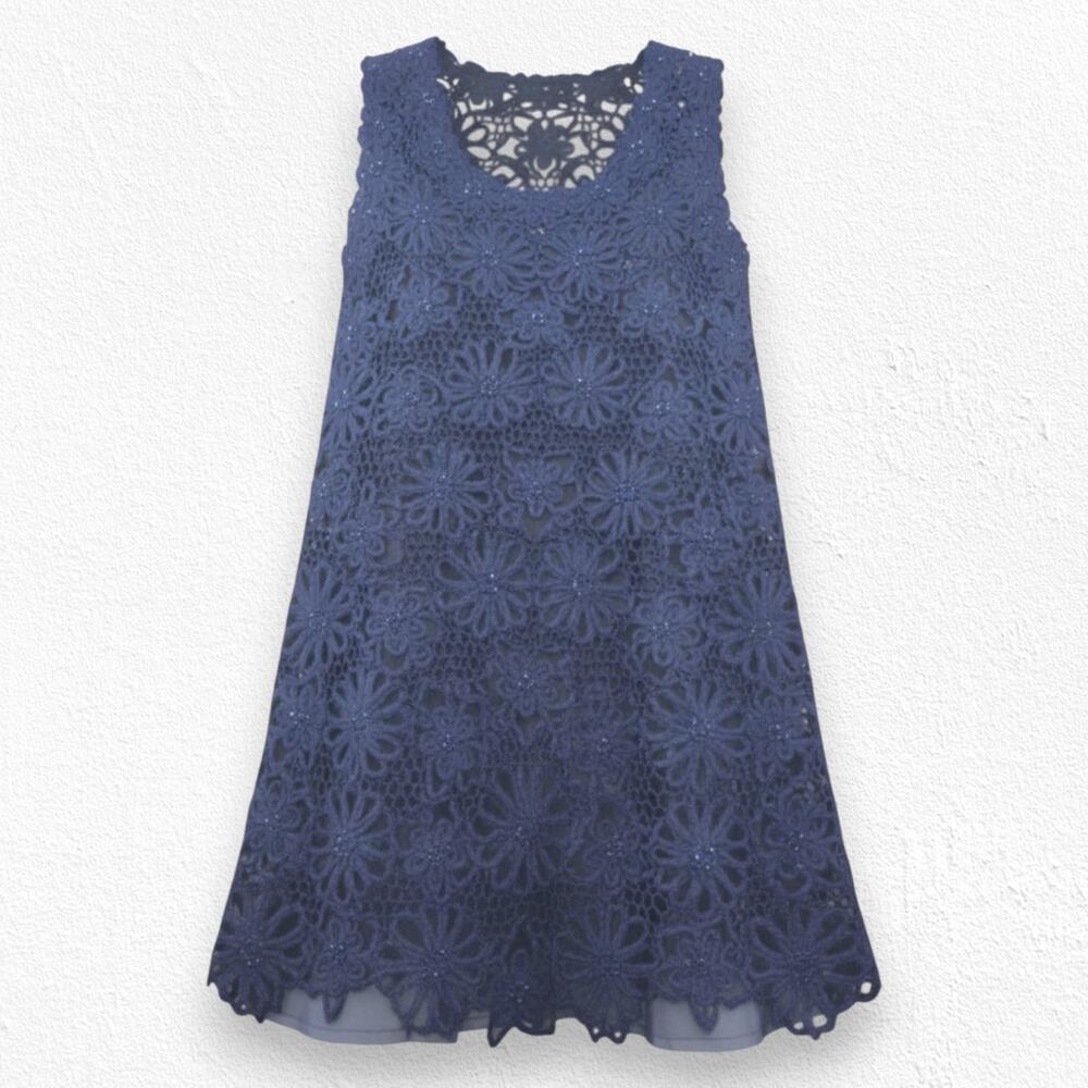 Moschino Cheap Chic Navy Blue Beaded Floral Crochet Lace Shift Dress Size 12
